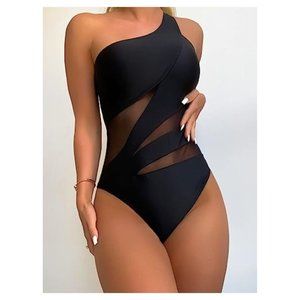 One Piece Plain Contrast Mesh Swimsuit One Shoulder Bodycon Swimwear